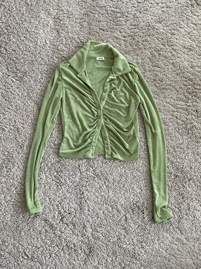 Garage Light Green Ruched Button-Front Long Sleeve Top
